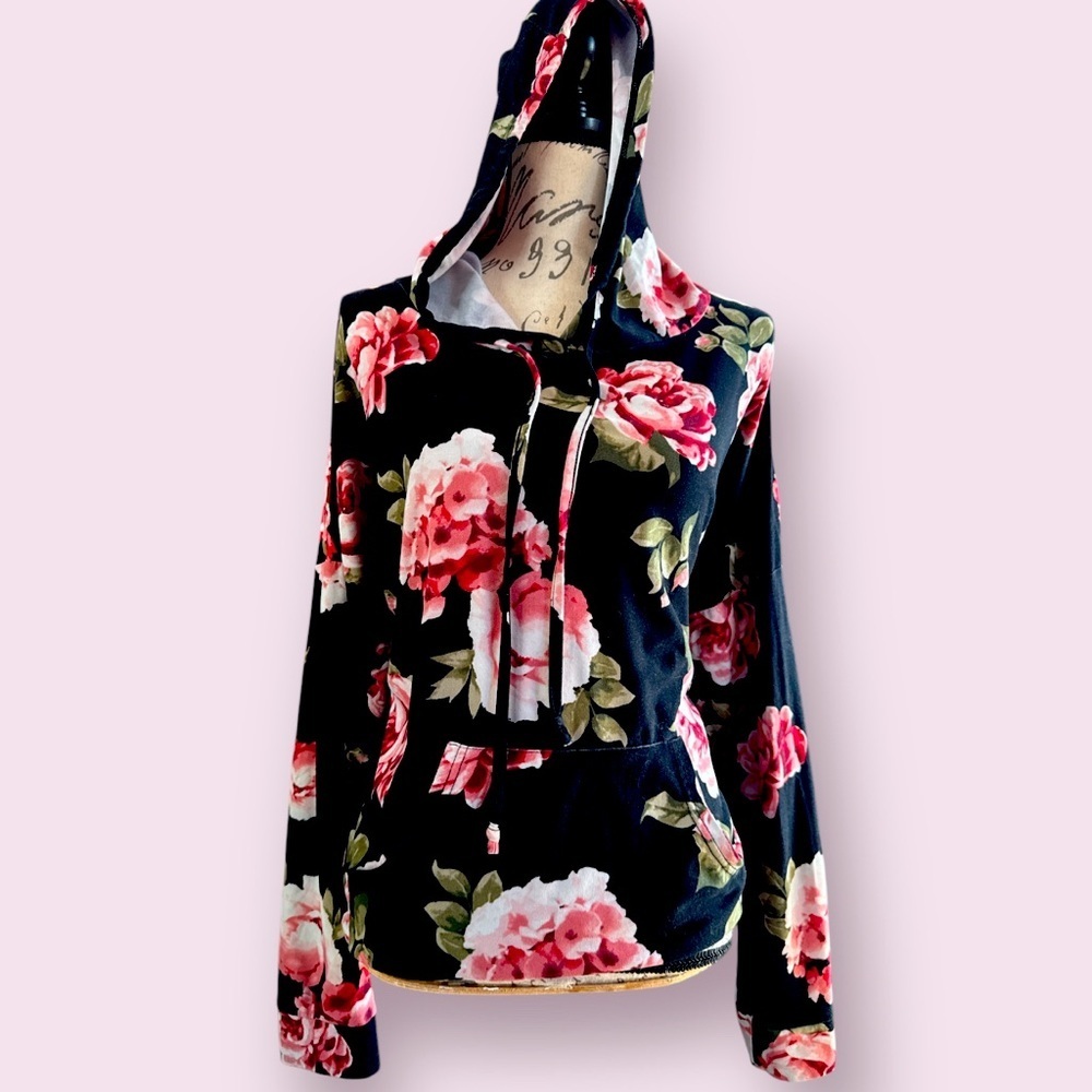 Stella Tweed- Floral(Peony) Black Hoodie with kangaroo pocket.